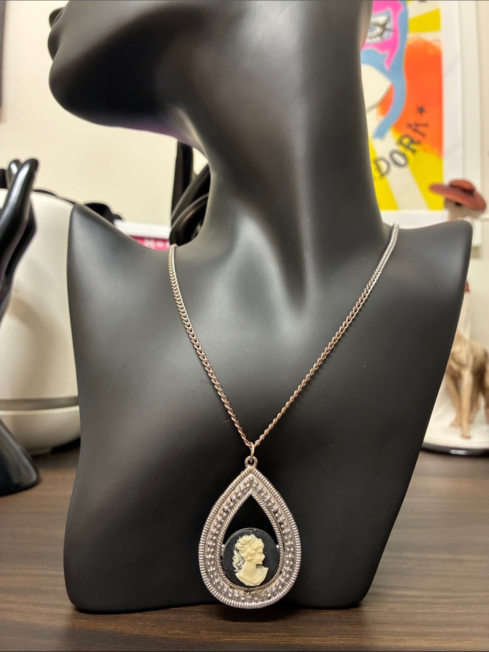 Vintage-Inspired Black & Cream Cameo Teardrop Pendant Necklace Goth Whimsigoth
